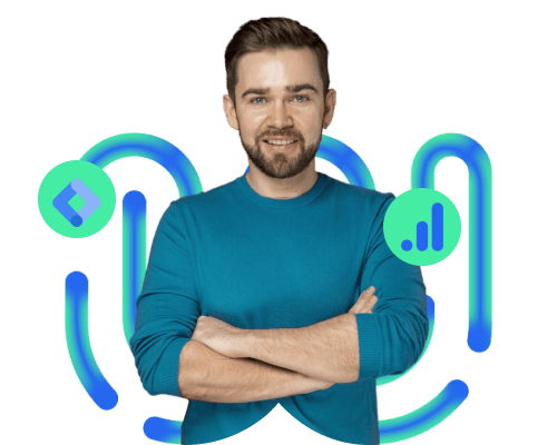 Homme confiante brun aux cheveux court entouré du logo de Google Analytics et Tag Manager.